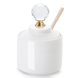 Ceramic Honey Jar with Dipper and Round Crystal Lid, Small Honey Pot for Home Kitchen, 8oz (Gold)