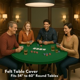 Feltectors Felt Card Game Table Cover for Playing Cards Poker, Mahjong, Domino, Bridge and Board Game, Elastic Fitted Tablecloth for 58 to 64 Inch Round Tables- Green
