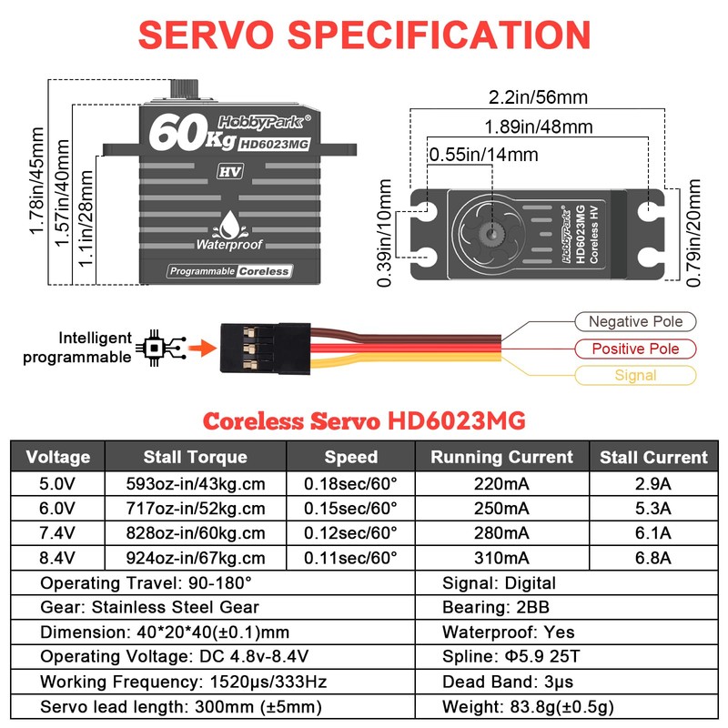 HobbyPark Waterproof 828oz-in 60KG High Torque Servo Coreless Motor 8.4V