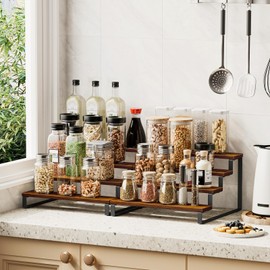 Giikin 4 Tier Spice Rack, Set of 2 Spice Rack Cabinet Organizer Shelf, Wooden Spice Rack for Countertop, Kitchen Counter Storage Shelves Cupcake Stand Holder Display Stand, Rustic Brown