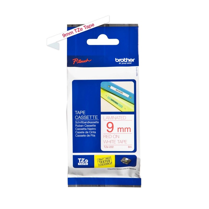Brother TZe-222 Labelling Tape Cassette, Red on White, 9 mm