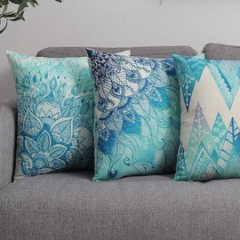 Set of 4 Luxton Boho Mandala Cushion Covers for Home Decoration, Aqua Blue Green Turquoise Cushion Covers Decorative Pillow Covers Square 45x45cm