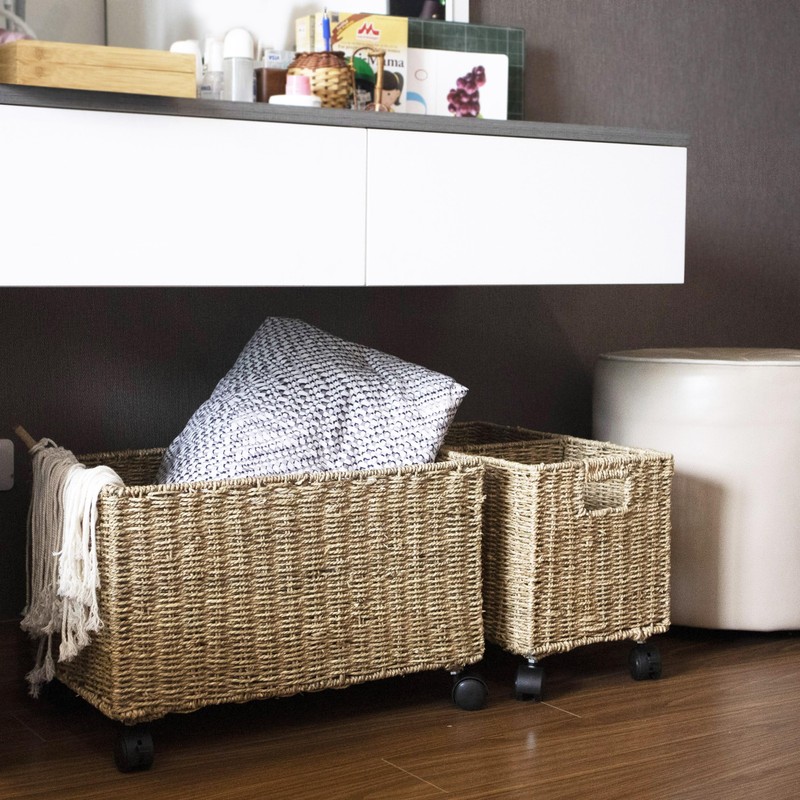 PEMAR Set 2 Nesting Natural Wicker Rolling Storage Baskets on