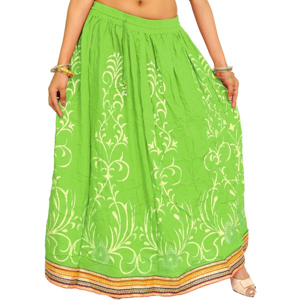 Exotic India Printed Long Skirt with Embellished Patch - Color