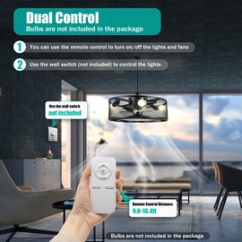 Ceiling Fan Light, 18 Inch Black Iron Caged Light Fixture, 2-in-1 Ultra Quiet Flush Mount Lamp with Remote Control, 3 Wind Speed Dimmable Wind Chandelier for Hallways Living Rooms Bedrooms Offices