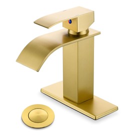 YardMonet Gold Bathroom Faucet, Modern Single Hole Waterfall Spout Sink Faucet, Brushed Gold With Drain Assembly and Hose