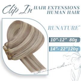 RUNATURE Real Hair Clip-In Extensions Dark Ash Blonde with Platinum Blonde, Real Hair Clip-In Hair Extensions, 45 cm, #19AP60 120 g