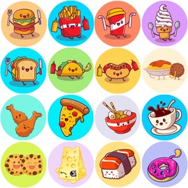 Hohamn 600 Pcs Food Stickers Roll for Kids 1.5 Inch 16 Styles Food Snack Stickers for Kids Boys Girls Birthday Party School Reward Giveaways