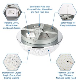 DAKASON LED Ceiling Light Fixture Flush Mount, Crystal Chandelier Modern Ceiling Light for Kitchen, Hallway, Living Room, Foyer, Closet, 12In 15W 1640LM, 3/4/5000K CCT Selectable, Dimmable