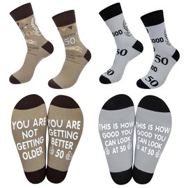2 pairs Mens Birthday Calf Socks Gifts for Husband/Father/Friend Funny 50th Birthday Christmas Gifts(Light gray and brown) One size