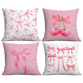 Pink Cushion Covers - Pink Bow Pillow Covers Set of 4, Bow Pillow, Coquette Room Decor, Bow Decorations, Room Decor for Teen Girls, Preppy Room Decor, Bow Cushion Covers for Living Room (No pillow)