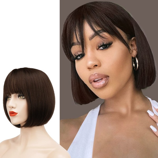 SOFEIYAN Short Straight Bob Wigs with Bangs 11 inch Synthetic Daily Party Cosplay Hair Wig for Black Women, Brown