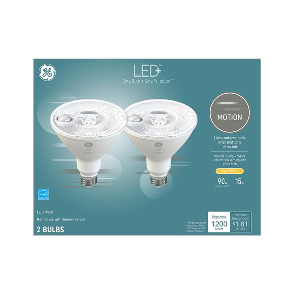 GE Lighting LED+ Motion Sensor LED Light Bulbs, Security Light, PAR38 Outdoor Floodlight, Warm White 2 Count (Pack of 1)