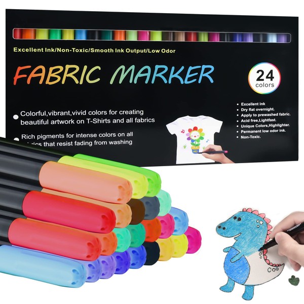 Textile Pens Machine Washable, 24 Textile Colours, Textile Markers, Washable,
