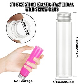 Acrux7 50 PCS Clear Plastic Test Tubes with Caps, 50ml/1.7oz Flat Bottom Test Tubes, 28×110mm Screw Top Plastic Tubes for Candy Storage, Gumball, Bath Salt, Scientific Experiments, Plant Propagation