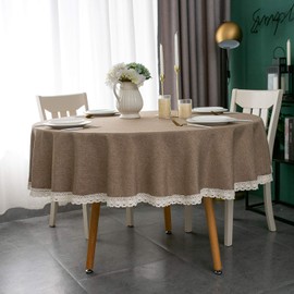EHouseHome Faux Linen Tablecloth with Lace Trim - Waterproof/Spill Proof/Stain Resistant/Wrinkle Free/Oil Proof - for Banquet, Parties, Dinner,Kitchen,Wedding,Coffee,Holiday,Flax,Round 60Inch