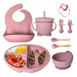 LMKB Platos para Niños Juego de Platos y Cubiertos para Niños de Silicona, Set de 8 Piezas Libres de BPA,Incluye Babero, Plato (Rosa-9 piezas)