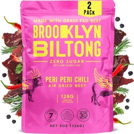 Brooklyn Biltong Air Dried Grass Fed Beef Snack, South African Beef Jerky (8 oz, Pack of 2) - Whole30 Approved, Paleo, Keto, Gluten Free, Sugar Free, Made in USA - (Peri Peri)