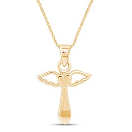 Angel Wing Cross Heart Pendant Necklace in 14K Yellow Gold Over Sterling Silver 18" Chain