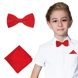 Chanseen Red Bow Tie and Pocket Square for Boys Kids Pre Tied Adjustable Bowtie Handkerchief Set for Wedding Valentine Graduation Formal Dress Accessories