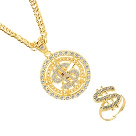 XdealCozyxc Fake Gold Chain, Adjustable Dollar Sign Gold Necklace with Diamonds for Hippie Rapper Disco Outfit