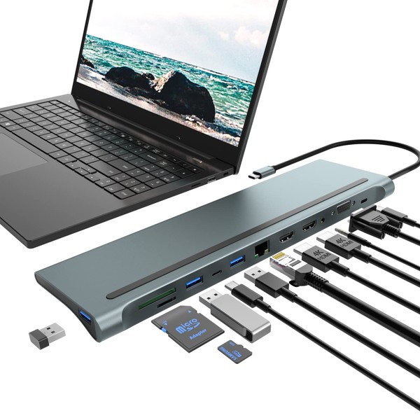 USB C Docking Station Dual Monitor, 12 in 1 Laptop