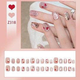 EYZOTSF Valentine Press on Nails Square Short Length Acrylic Square Shaped False Nails with Love Heart Designs Artificial Square French Fake Nails Glue ons Fingernails for Women Girls(Z318)
