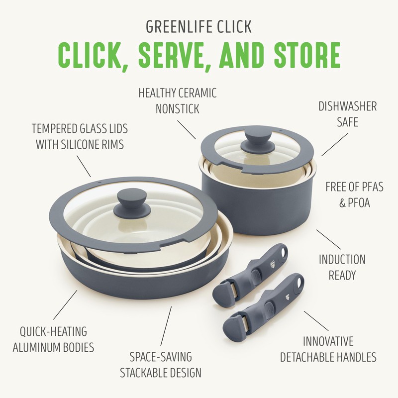 GreenLife 10 Piece Nonstick Pots & Pans Set, Detachable Handle