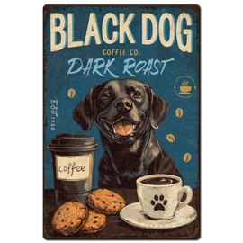 Hobbspring 1pc Vintage Metal Tin Signs 30x20cm Retro Black Dog Signs Dark Roast Rustic Decor Metal Ainmals Lab Decor for Home Living Room Restaurant Coffee Shop Club Bar Decoration