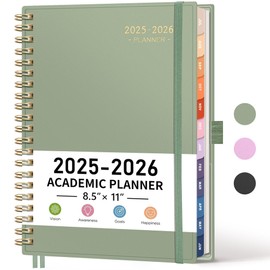 RETTACY Academic Planner, July 2025 - June 2026, Weekly and Monthly, Large Size (8.5" x 11"), for Women, Teacher, Student, School, 12-Monthly Tabs, Flexible Plastic Cover, Spiral-bound (Light Green)