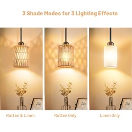 OUVR Pendant Light Boho Hanging Lamp - Rattan & Linen 2-in-1 Shade, Adjustable Hanging Lights Fixture for Kitchen Island, Dining Room, Farmhouse, Bedroom (3 Pack)
