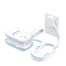 NTONPOWER Portable Travel Power Strip with USB C Port, NTONPOWER Small Power Strip with Flat Plug, Multi Plug Travel Extension Cord, Portable Power Strip with 2 Outlets and 3 USB Ports (1 USB C) - Color: White