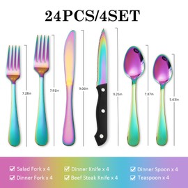 KOOMADE Rainbow Silverware Sets with Steak Knife - 24 PC Stainless Steel Silverware Sets Service for 4 Dishwasher Safe, Mirror Polished Flatware Set For Home,Restaurant,Hotel, Wedding, Parties