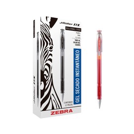 Zebra Rollerball, Pluma J-Roller RX Fino, Punto Fino 0,5 mm, Tinta Gel Color Rojo, Caja con 12 piezas