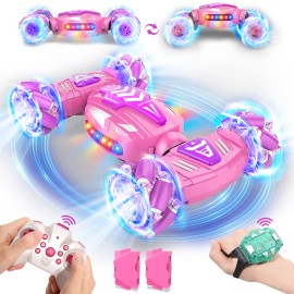 4WD 2.4Ghz Remote Control RC Cars Gesture Sensing RC Stunt Car 360° Rotating Transform Hand Controlled with Light & Musiccolor: Pink
