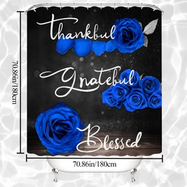4Pcs Blue Rose Shower Curtain Set, Thankful Grateful Blessed Bathroom Curtain with Non-Slip Rug, Toilet Lid Cover, Bath Mat and 12 Hooks, Romantic Royal Blue Floral Wedding Decor for Bath, 72 x 72 in