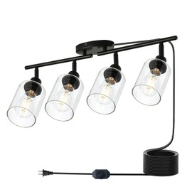 vivihobb Dimmable 4 Light Plug in Ceiling Light,Modern Black Plug in Track Lighting Kit with 16.5' Extra-Long Cord,Clear Glass Shade,Flexibly Rotatable Light Head,Industrial Farmhouse Style