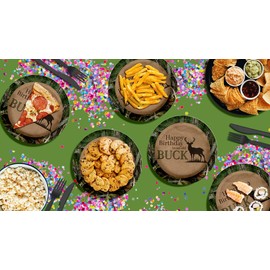 Happy Birthday To The Old Buck - 32 Piece Disposable Party Supplies - Decorations for Deer Hunter Birthday Round Party Plates - Large 9" Paper Plates In Bulk