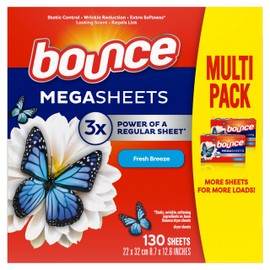 Bounce Mega Dryer Sheets, Fresh Breeze, 130 Count (Packaging May Vary)