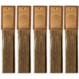Auroshikha Natural Sandalwood on Stick - 5 Packs, 10 Sticks per Pack