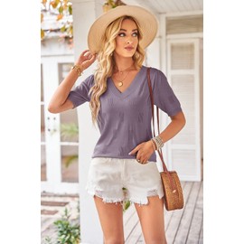 Arach&Cloz Short Sleevee Jumpers for Women Summer Tops Ladies Lightweight Knittted Shirts (Grey Purple, Small)