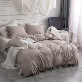 Argstar 2 Pieces Khaki Bowknot Duvet Cover Twin Size, 100% Washed Microfiber Bow Ties Bedding Comforter Cover, Soft and Easy Care Solid Duvet Cover Set(1 Tie Duvet Cover, 1 Pillow Sham)