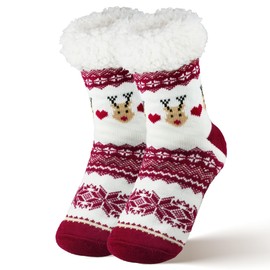 wipalor Christmas Socks for Women Mens with Non-Slip Grippers, Fuzzy Fluffy Winter Soft Warm Funny Christmas Socks with Cute Rudolph Reindeer, Holidays Gifts Cozy Thermal Fleece Lined Slipper Sock