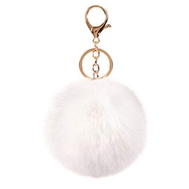 Pom Pom Keychain Artificial Faux Rabbit Fur Ball Keychains Fluffy Tote Pendant Car Bag Charm,white