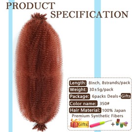 Afro Twist Hair Pre Separated Springy Afro Twist Hair Pre stretched Wrapping Hair for Soft Locs Afro Spring Twist Hair Marley Twist Braiding Hair Extensions(8 Inch (Pack of 6),350#)