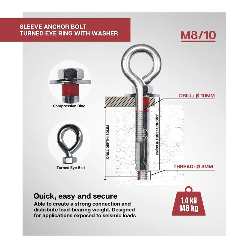 DOJA Industrial Extension Anchor Eye Bolt M8-10 Pack 5 Wall