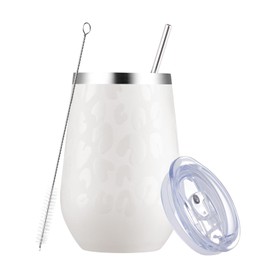 MEWAY 12oz Insulated Wine Tumbler with Press-In Lid, Double Wall Vacuum Stainless Steel Travel Tumbler with Straw,Travel Cup for Coffee and Drinks, Gift for Woman Under 10 dollars(Almond Leopard,1)