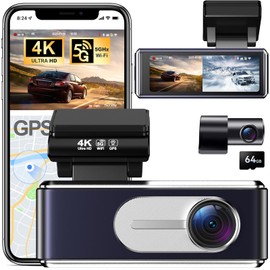 4K Dash Cam Front and Rear, 4K+1080P FHD Dash Camera for Cars, 3.2" IPS Screen, 5.8GHz WiFi, Built-in GPS, WDR Night Vision, 24H Parking Mode, 64GB Card Included