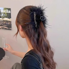 Large Claw Clips for Thick Hair Glitter Party Hair Claw Clips for Women Black Fluffy Claw Clip Decorative Hair Accessories Claw Clips Claw Girls Hair Jaw Clips Barrettes Prom Feather Hair Claw Clip