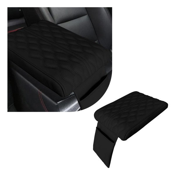 Ziciner Car Center Console Cover, 12.8" x 8.6" Leather Memory Foam Armrest Cushion Pad, Anti Scratch Auto Armrest Pillow with Storage Bag, Universal Vehicle Interior Accessories (Black)